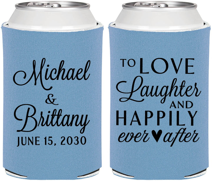 Personalized Wedding Can Coolers - Love Laughter Happily | 432