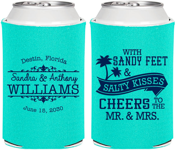 Personalized Wedding Can Coolers - Sandy Feet Salty Kisses | 434