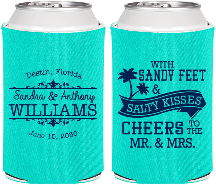 Personalized Wedding Can Coolers - Sandy Feet Salty Kisses | 434