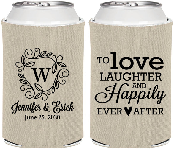 Personalized Wedding Can Coolers - Love Laughter Happily | 461