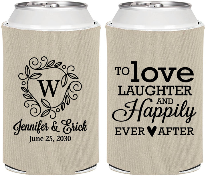 Personalized Wedding Can Coolers - Love Laughter Happily | 461