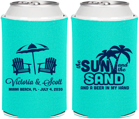 Personalized Wedding Can Coolers - Sun Sand Drink In My Hand | 479