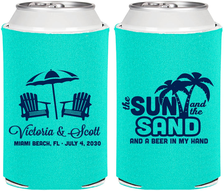 Personalized Wedding Can Coolers - Sun Sand Drink In My Hand | 479