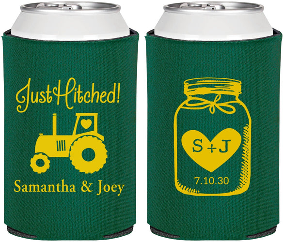Personalized Wedding Can Coolers - Just Hitched Mason Jar | 483