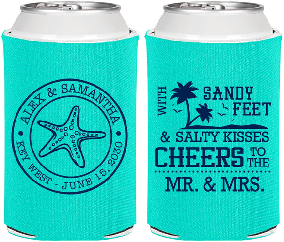 Personalized Wedding Can Coolers - Sandy Feet Salty Kisses | 488