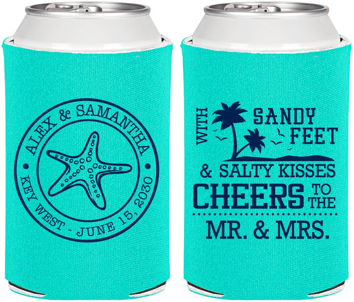 Personalized Wedding Can Coolers - Sandy Feet Salty Kisses | 488