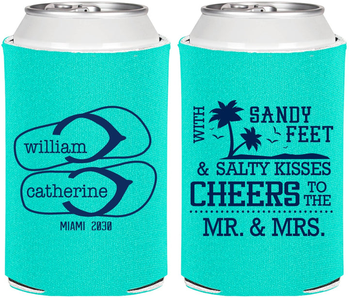 Personalized Wedding Can Coolers - Sandy Feet Salty Kisses | 490