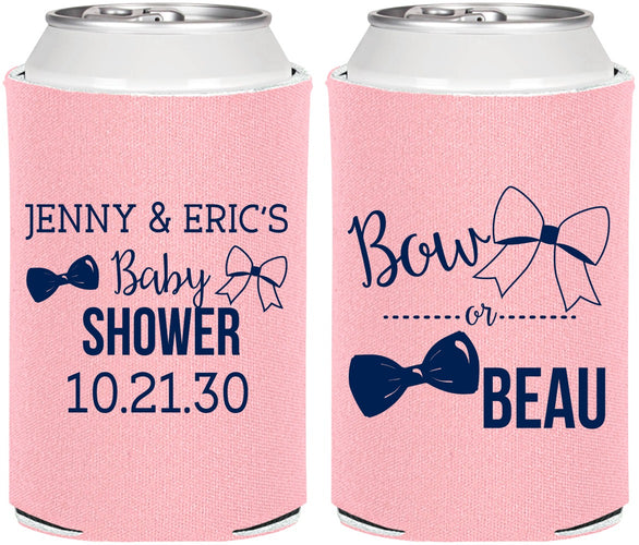 Personalized Baby Shower Can Coolers - Gender Reveal Bow Or Beau | 90004