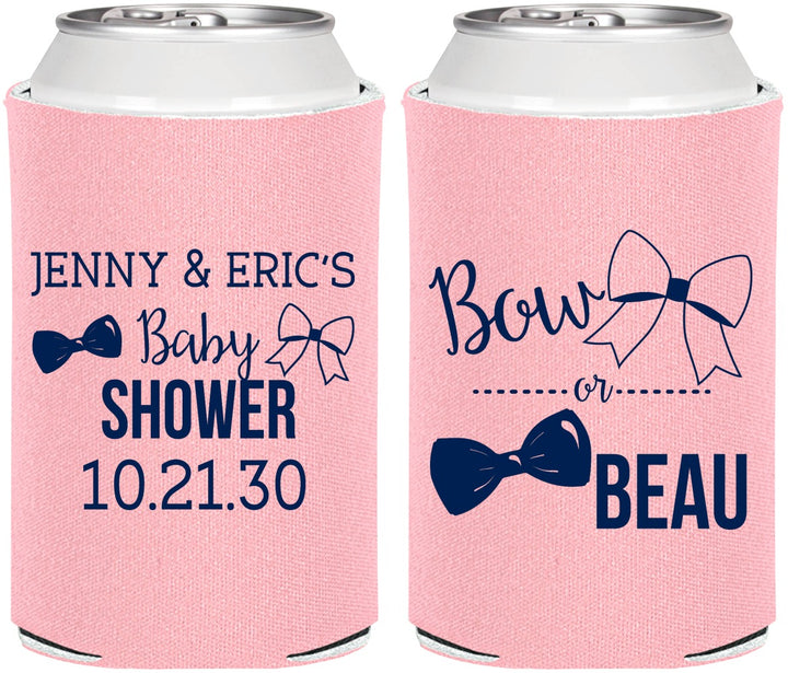 Personalized Baby Shower Can Coolers - Gender Reveal Bow Or Beau | 90004