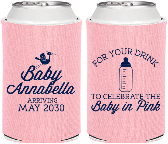 Personalized Baby Shower Can Coolers - Drink Baby In Pink | 90014