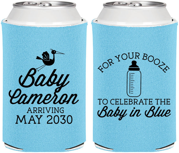 Personalized Baby Shower Can Coolers - Booze Baby In Blue | 90015