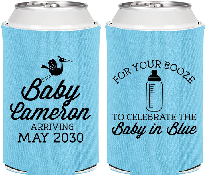 Personalized Baby Shower Can Coolers - Booze Baby In Blue | 90015