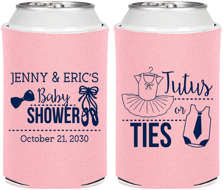Personalized Baby Shower Can Coolers - Gender Reveal Tutus Or Ties | 90033