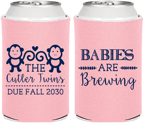 Personalized Baby Shower Can Coolers - Twins Baby Monkeys | 90068
