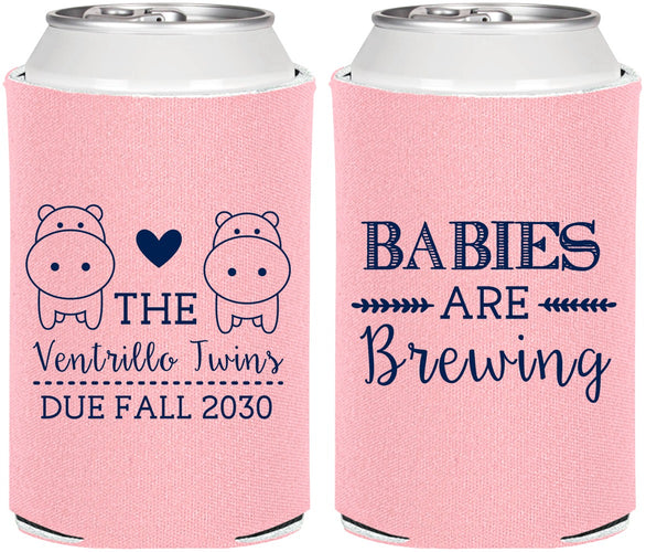 Personalized Baby Shower Can Coolers - Twins Baby Hippos | 90069