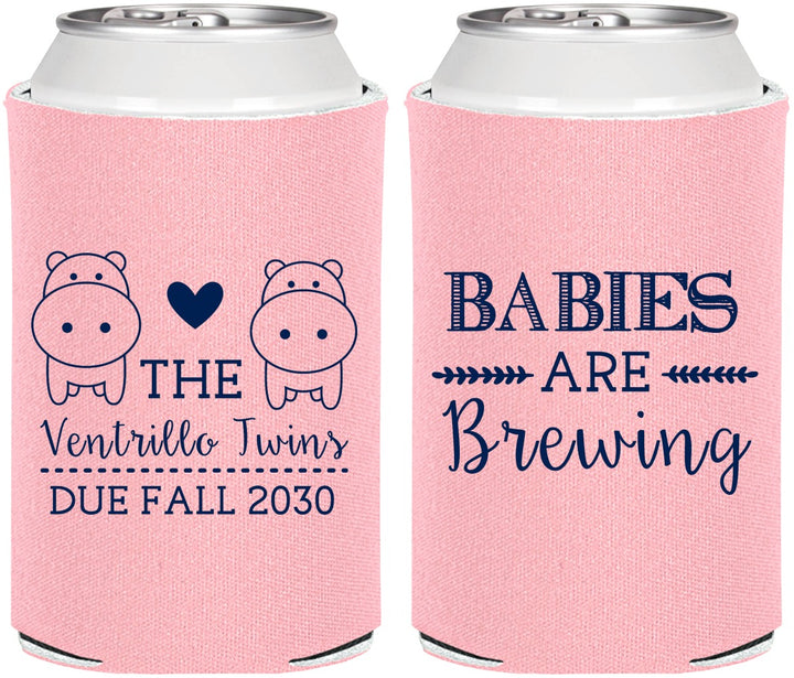Personalized Baby Shower Can Coolers - Twins Baby Hippos | 90069