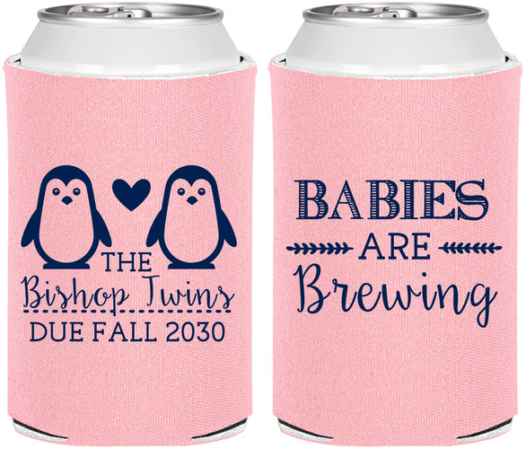 Personalized Baby Shower Can Coolers - Twins Baby Penguins | 90070