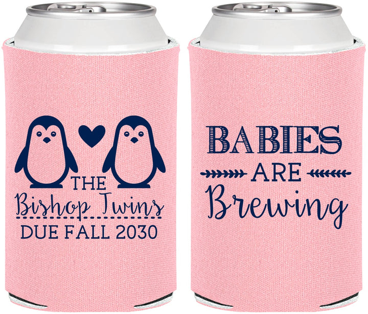 Personalized Baby Shower Can Coolers - Twins Baby Penguins | 90070