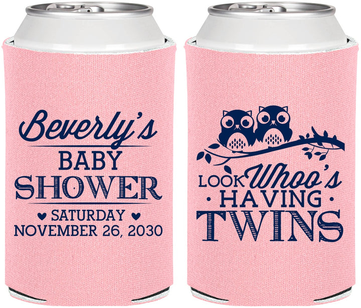 Personalized Baby Shower Can Coolers - Twins Baby Owls | 90074