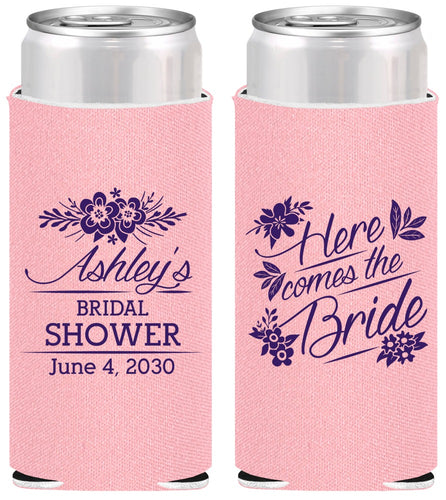 Personalized Bridal Shower Slim Can Coolers - Here Comes The Bride | 100000