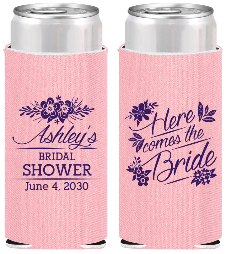Personalized Bridal Shower Slim Can Coolers - Here Comes The Bride | 100000
