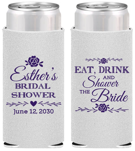 Personalized Bridal Shower Slim Can Coolers - Eat Drink Shower Bride | 100002