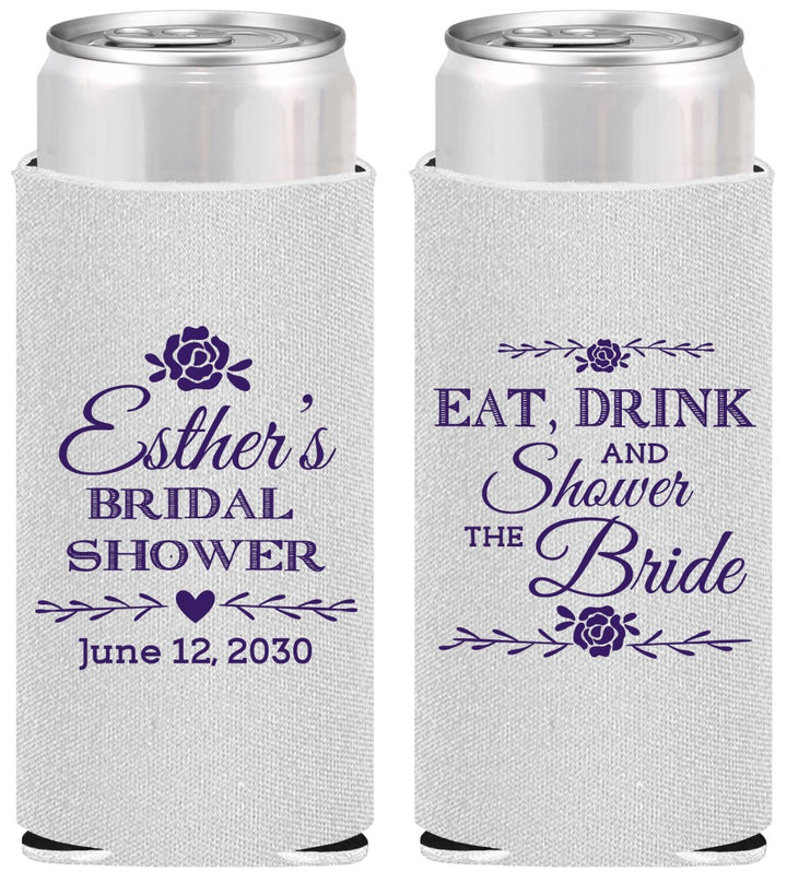Personalized Bridal Shower Slim Can Coolers - Eat Drink Shower Bride | 100002