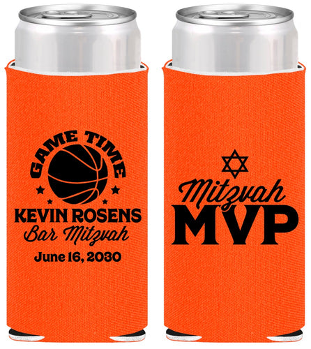 Personalized Bar Mitzvah Slim Can Coolers - 13th Birthday Basketball | 110001