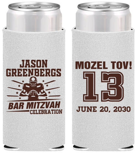 Personalized Bar Mitzvah Slim Can Coolers - 13th Birthday Football | 110002