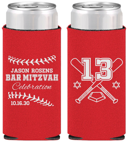 Personalized Bar Mitzvah Slim Can Coolers - 13th Birthday Baseball | 110005