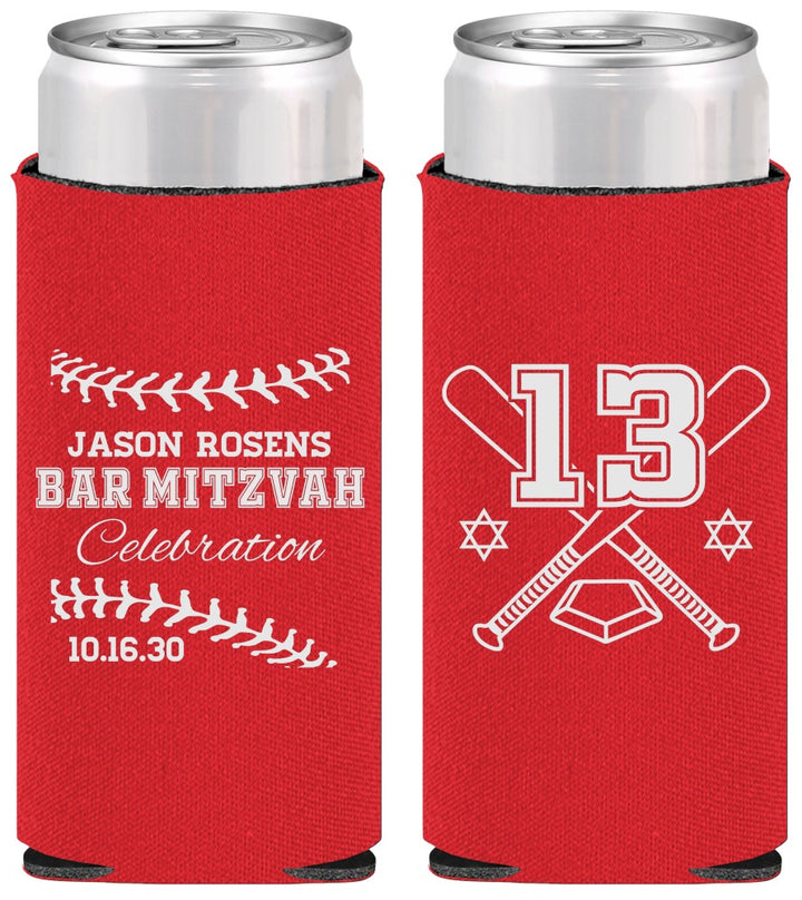Personalized Bar Mitzvah Slim Can Coolers - 13th Birthday Baseball | 110005