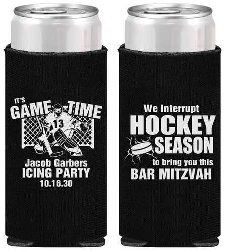 Personalized Bar Mitzvah Slim Can Coolers - 13th Birthday Hockey | 110006
