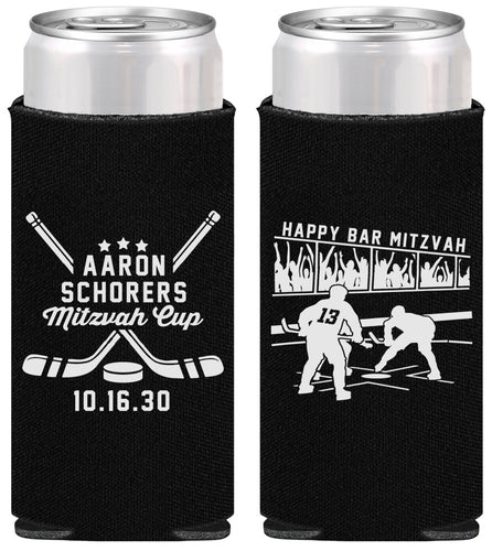 Personalized Bar Mitzvah Slim Can Coolers - 13th Birthday Hockey | 110007