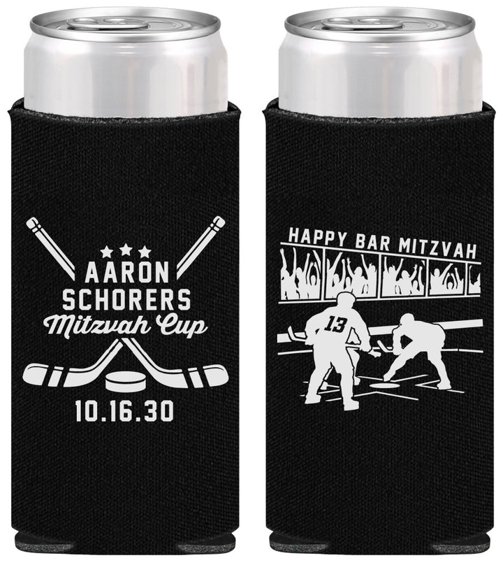 Personalized Bar Mitzvah Slim Can Coolers - 13th Birthday Hockey | 110007