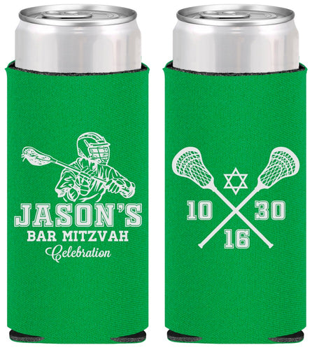 Personalized Bar Mitzvah Slim Can Coolers - 13th Birthday Lacrosse | 110012