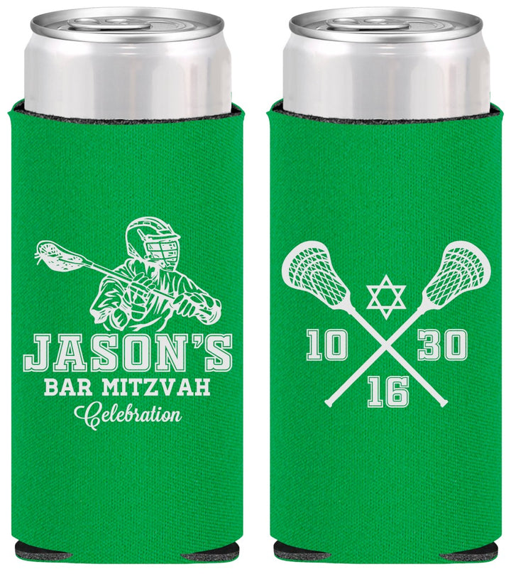 Personalized Bar Mitzvah Slim Can Coolers - 13th Birthday Lacrosse | 110012