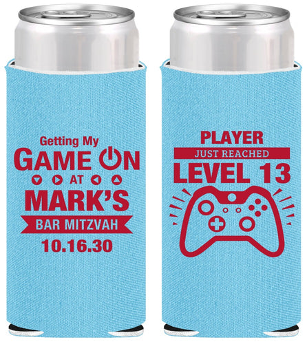 Personalized Bar Mitzvah Slim Can Coolers - 13th Birthday Video Game | 110013