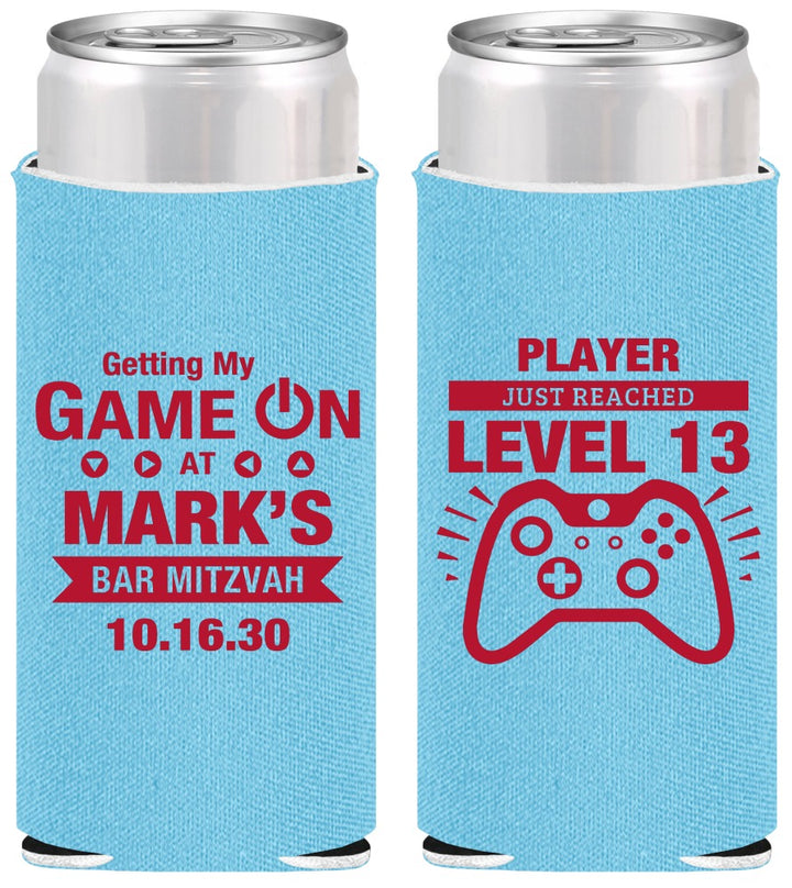 Personalized Bar Mitzvah Slim Can Coolers - 13th Birthday Video Game | 110013