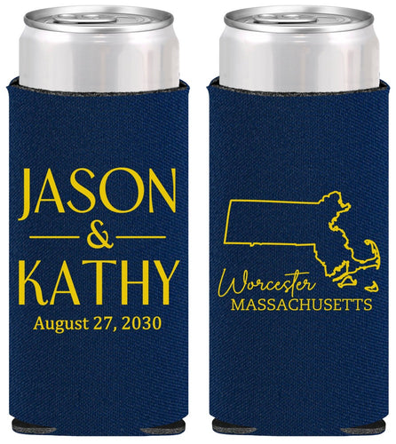 Personalized Wedding Slim Can Coolers - Massachusetts | 120