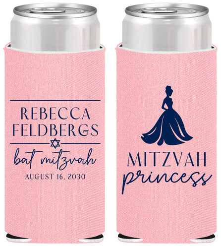 Personalized Bat Mitzvah Slim Can Coolers - 12th Birthday Princess | 120003