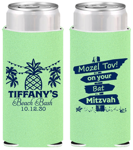 Personalized Bat Mitzvah Slim Can Coolers - 12th Birthday Beach | 120005