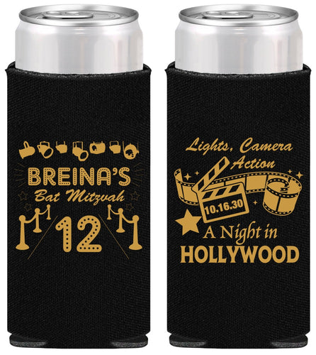 Personalized Bat Mitzvah Slim Can Coolers - 12th Birthday Hollywood | 120006