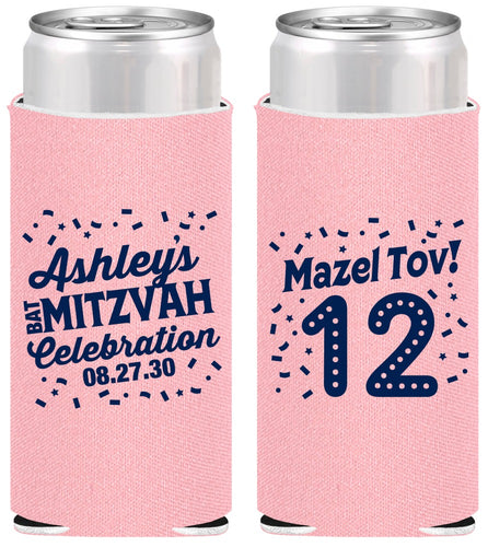Personalized Bat Mitzvah Slim Can Coolers - 12th Birthday Mazel Tov | 120007