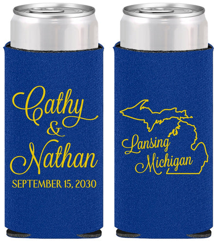 Personalized Wedding Slim Can Coolers - Michigan | 121