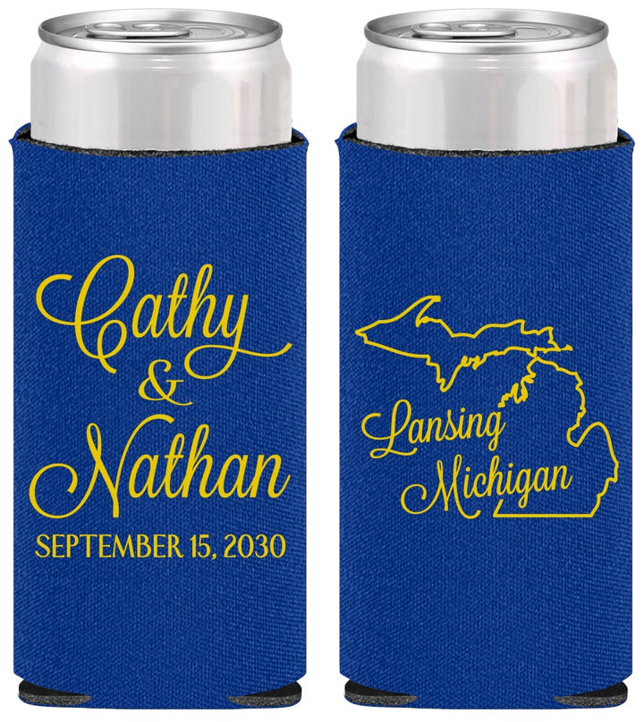 Personalized Wedding Slim Can Coolers - Michigan | 121