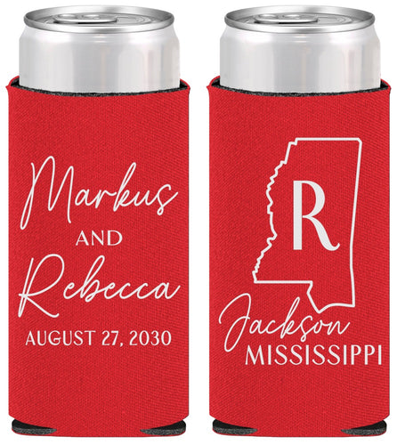 Personalized Wedding Slim Can Coolers - Mississippi | 123