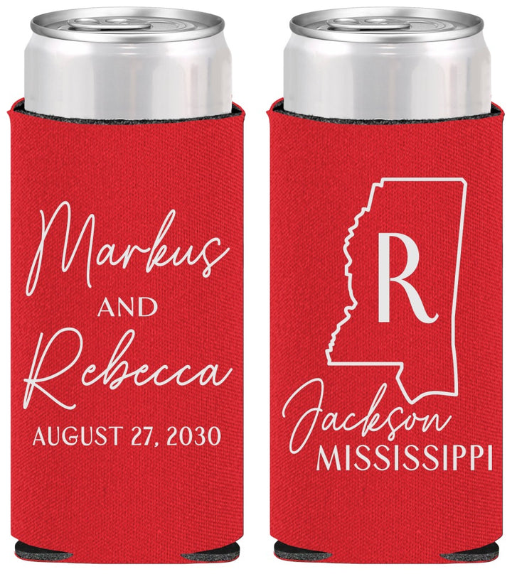 Personalized Wedding Slim Can Coolers - Mississippi | 123