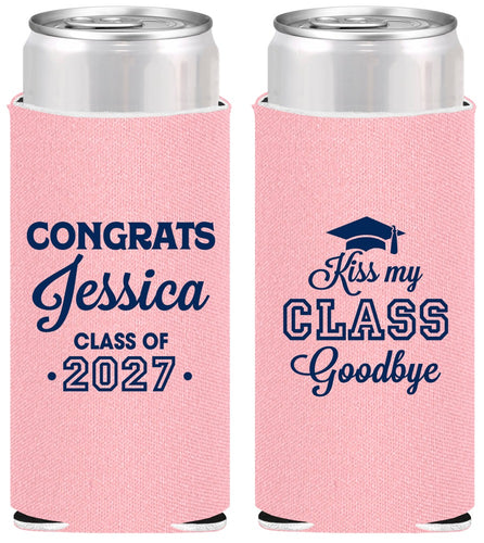 Personalized Graduation Slim Can Coolers - Class Of 2027 Kiss Class Goodbye | 130029