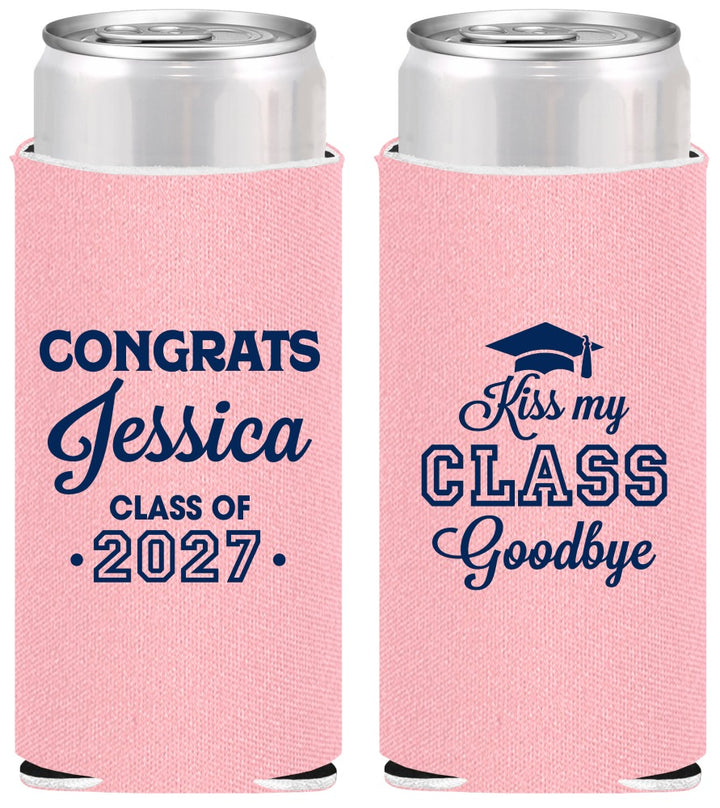 Personalized Graduation Slim Can Coolers - Class Of 2027 Kiss Class Goodbye | 130029