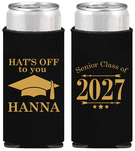 Personalized Graduation Slim Can Coolers - Class Of 2027 Hats Off | 130049